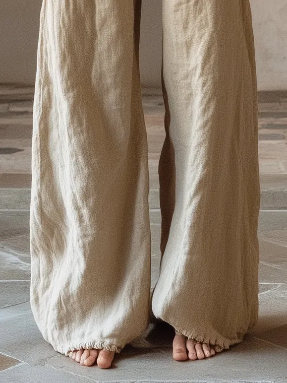 Lifestyle Cotton And Linen Apricot Wide-Leg Trousers