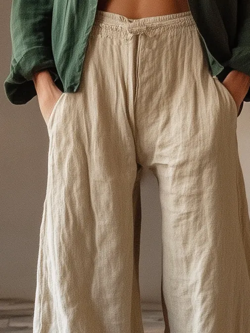 Lifestyle Cotton And Linen Apricot Wide-Leg Trousers