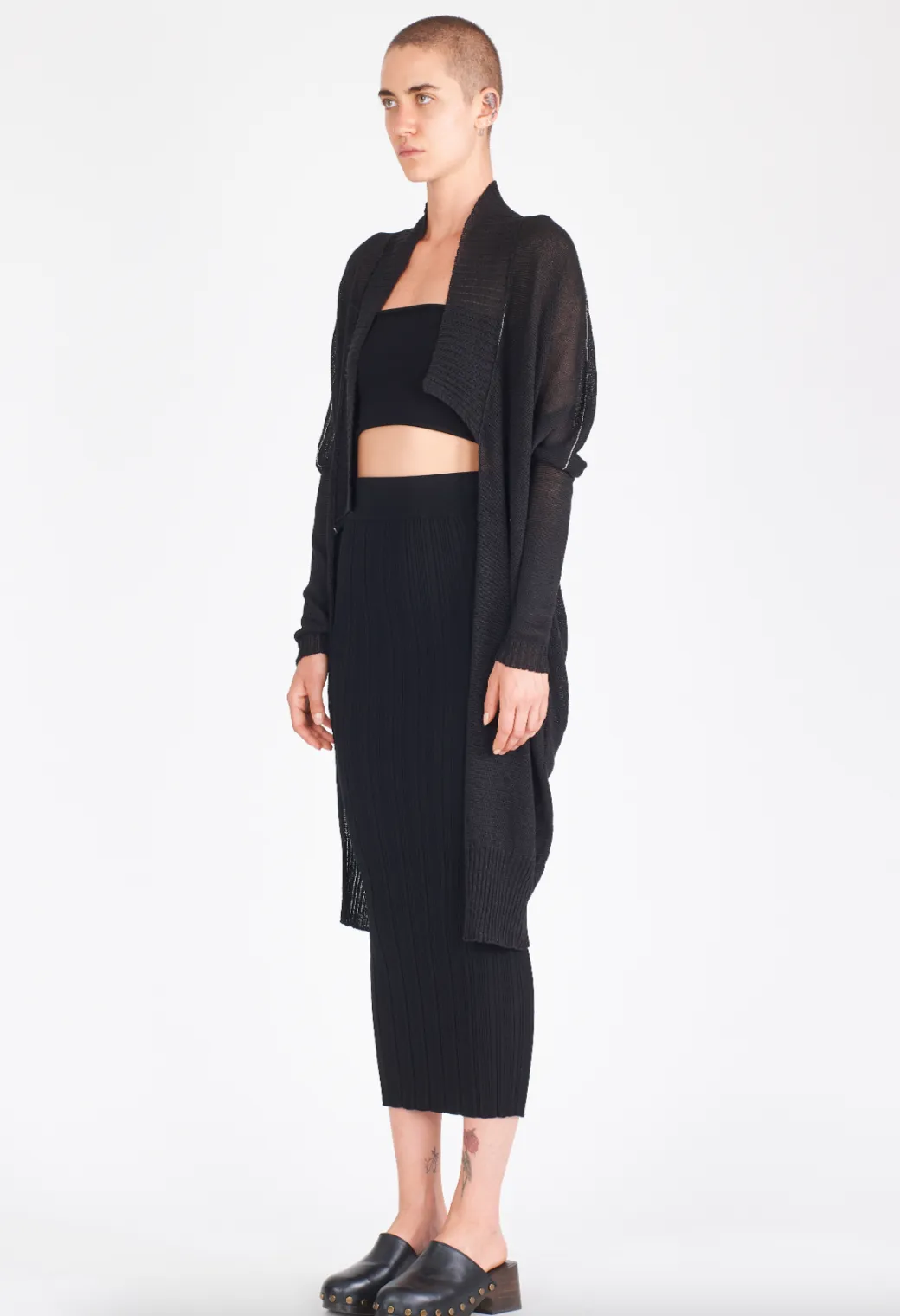 Linen Midi Contrast Stitch Cardigan - Black