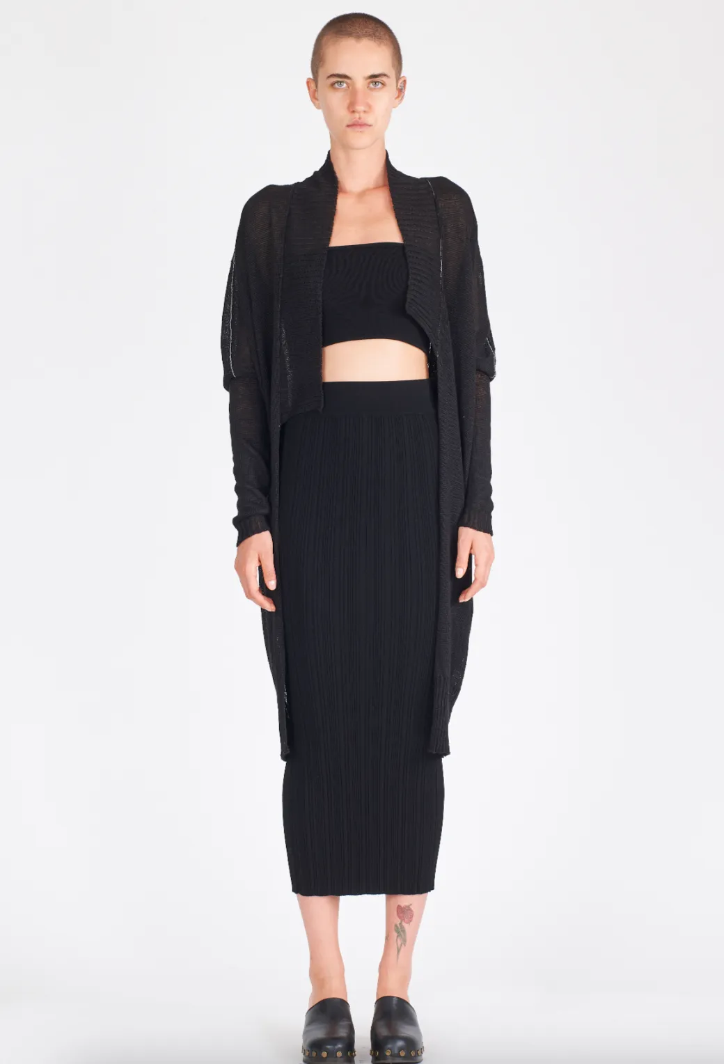 Linen Midi Contrast Stitch Cardigan - Black