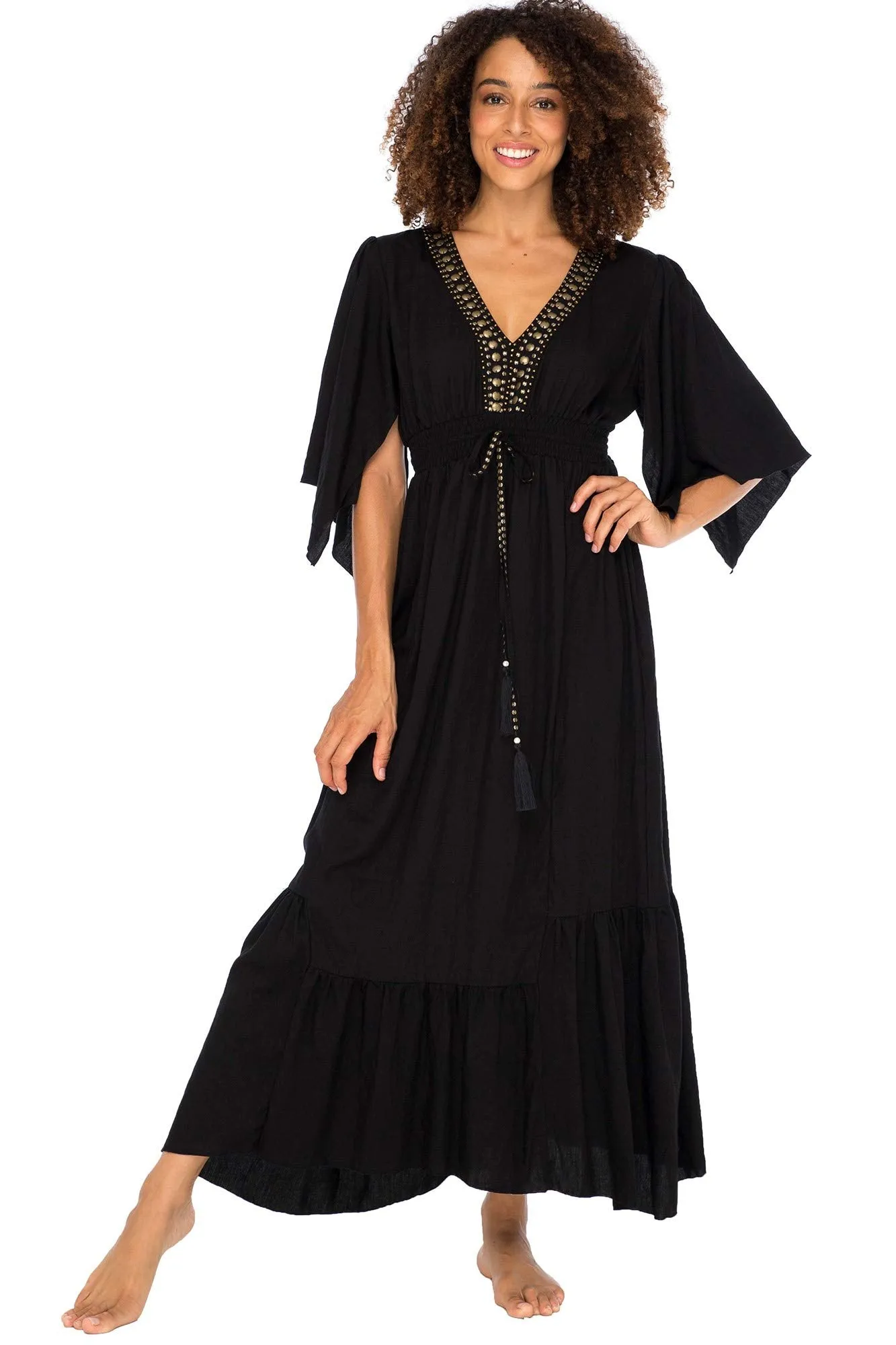 Long Flowy Beaded Deep V Neck Summer Dress