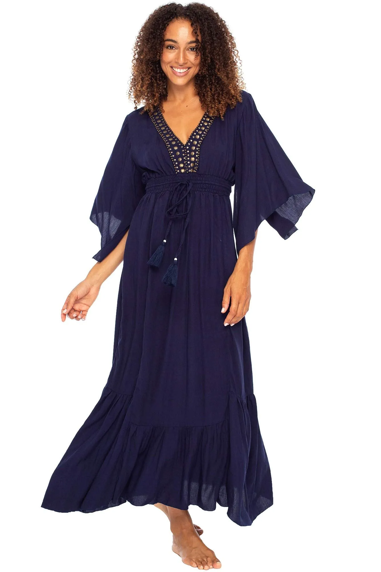 Long Flowy Beaded Deep V Neck Summer Dress