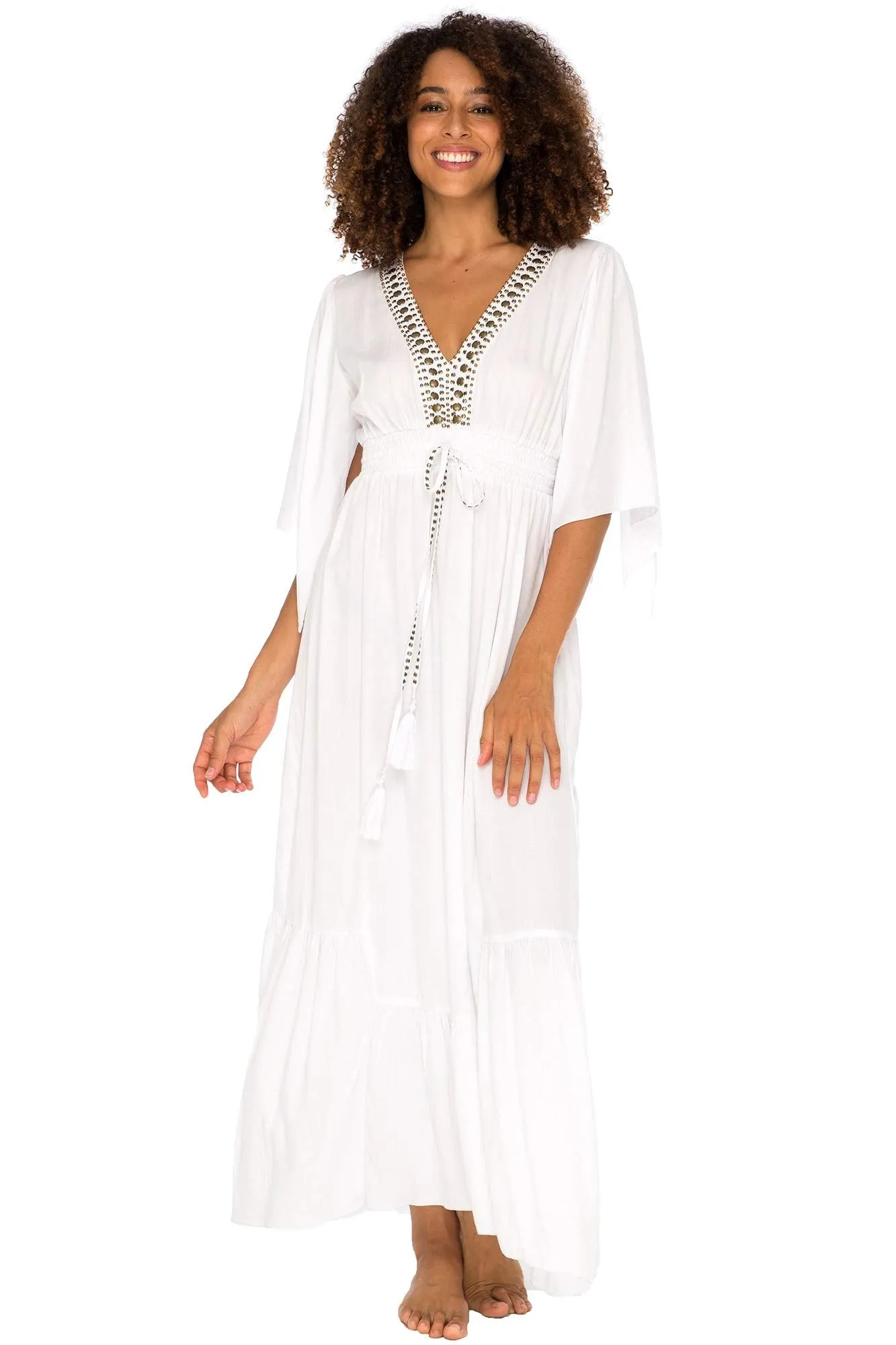 Long Flowy Beaded Deep V Neck Summer Dress