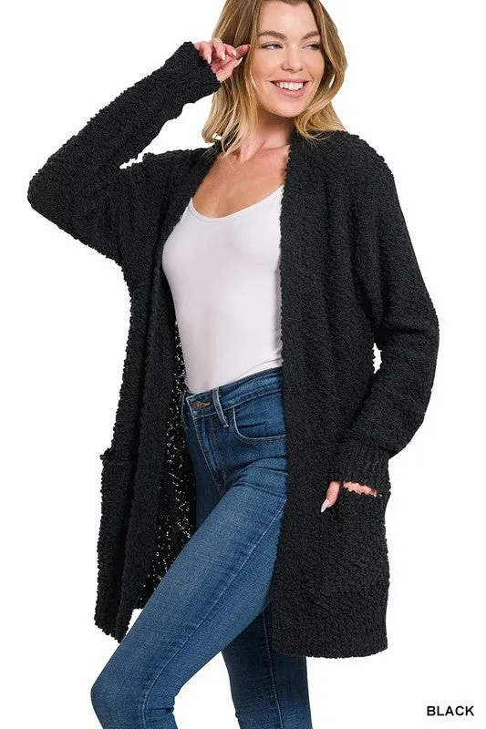 LONG SLEEVE POPCORN SWEATER CARDIGAN WITH POCKETS