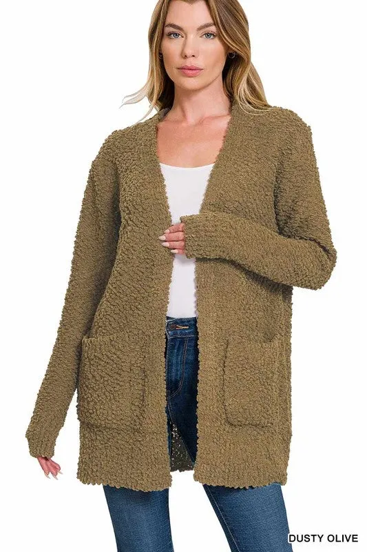 LONG SLEEVE POPCORN SWEATER CARDIGAN WITH POCKETS