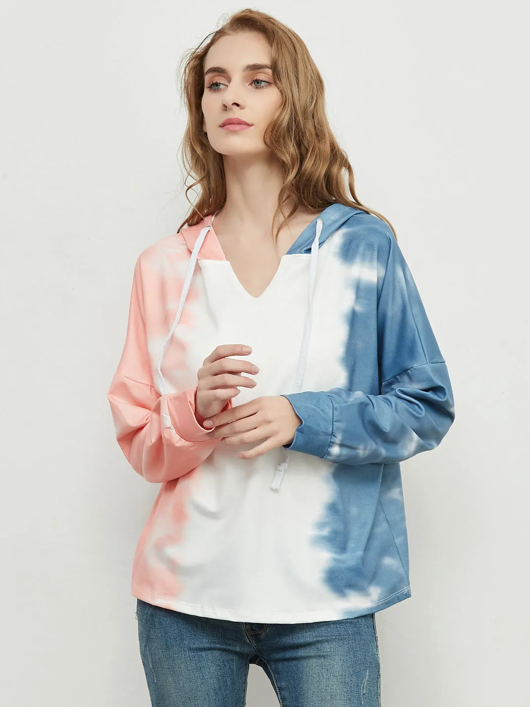 Loose Tie Dye Printed Sweatshirt V Neck Long Sleeve Pullover Hoodie Tops