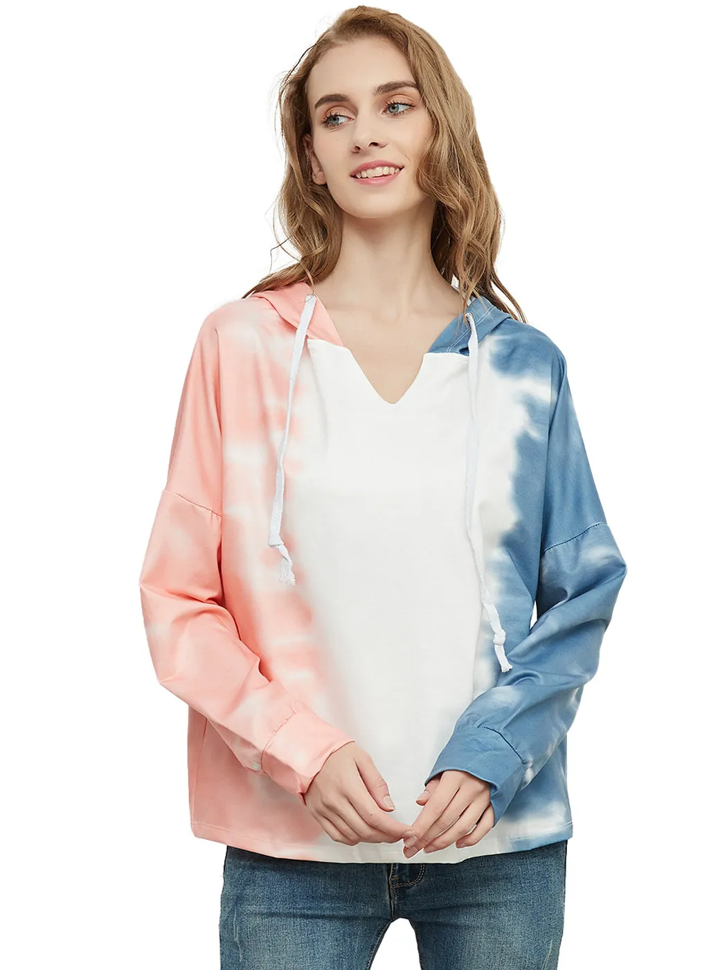 Loose Tie Dye Printed Sweatshirt V Neck Long Sleeve Pullover Hoodie Tops