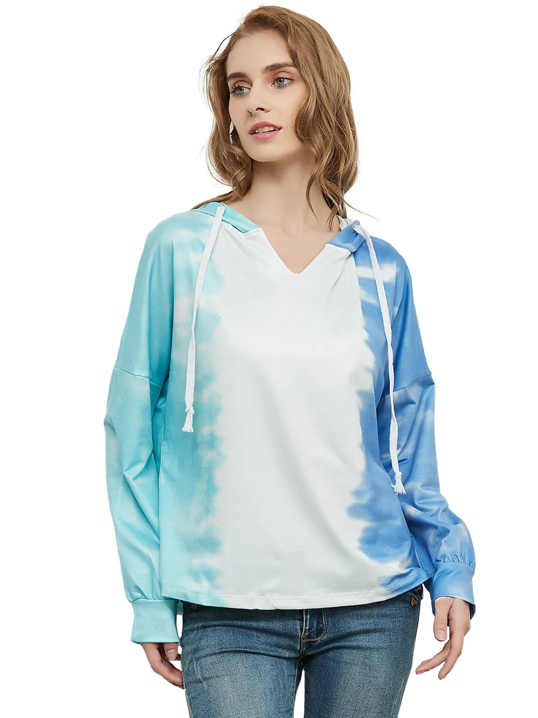 Loose Tie Dye Printed Sweatshirt V Neck Long Sleeve Pullover Hoodie Tops