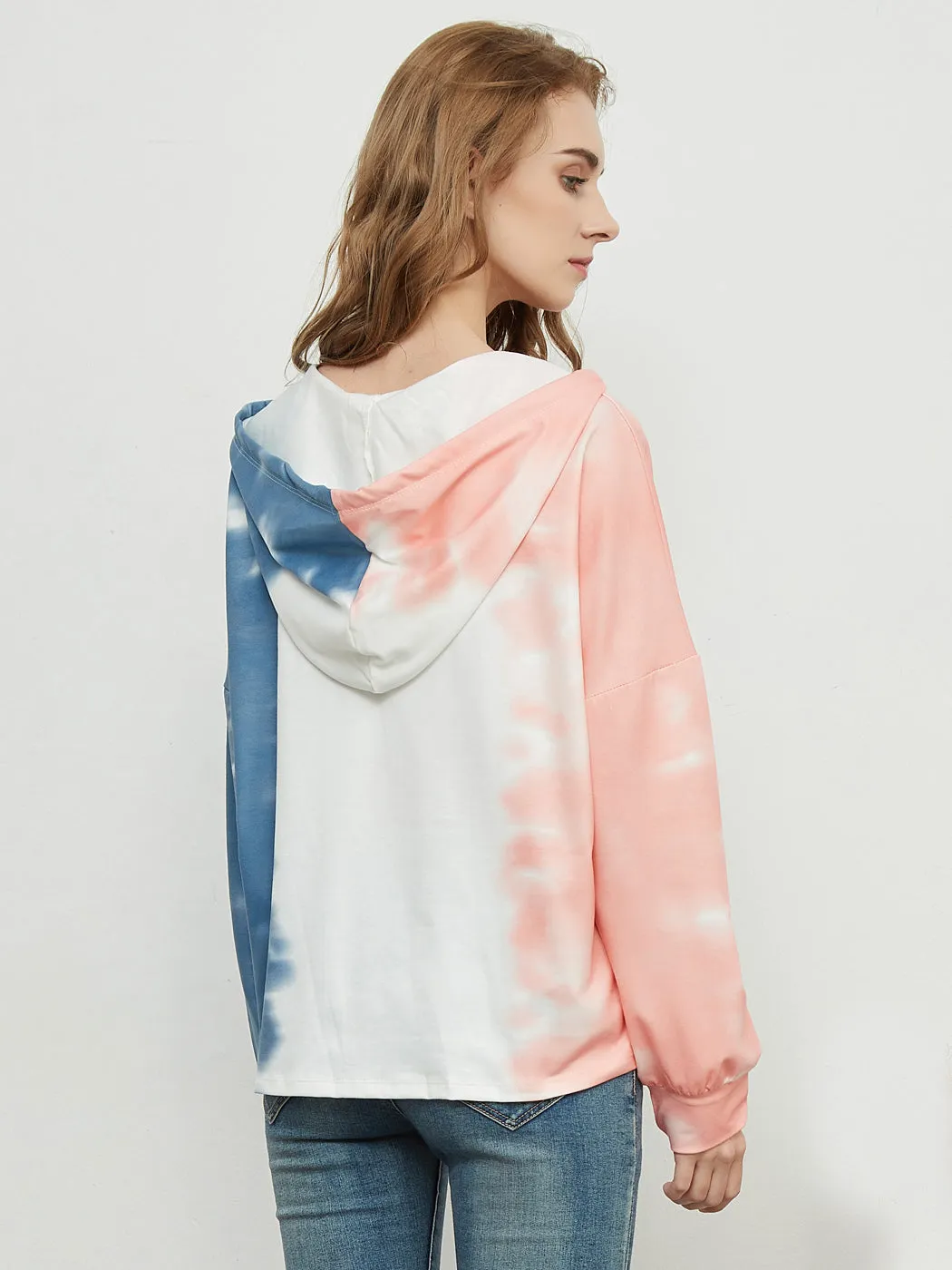 Loose Tie Dye Printed Sweatshirt V Neck Long Sleeve Pullover Hoodie Tops