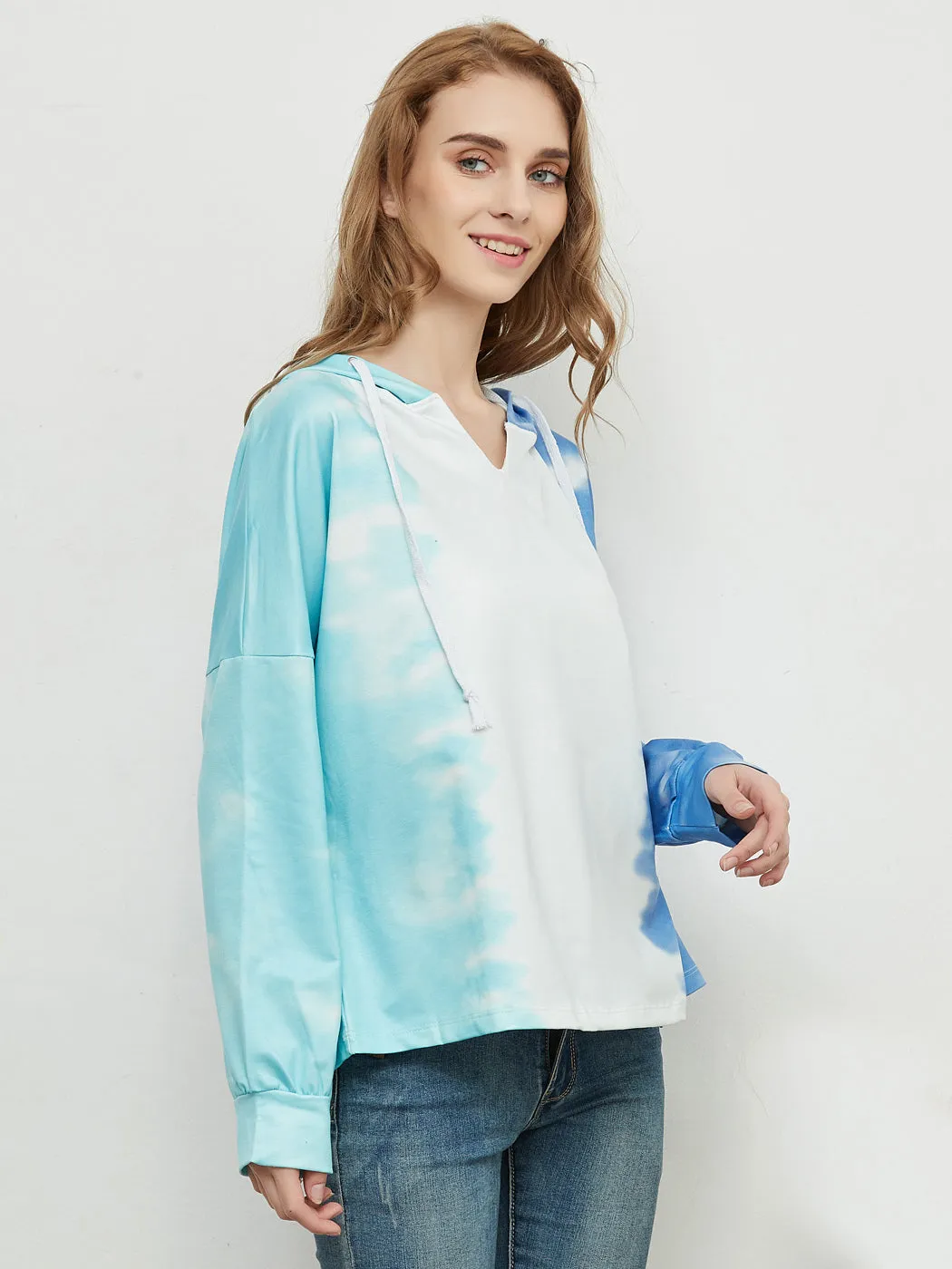 Loose Tie Dye Printed Sweatshirt V Neck Long Sleeve Pullover Hoodie Tops