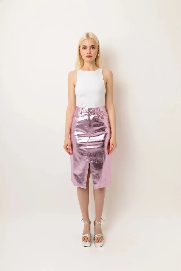 Lupe High Waist Metallic Knee Length Skirt  Pink