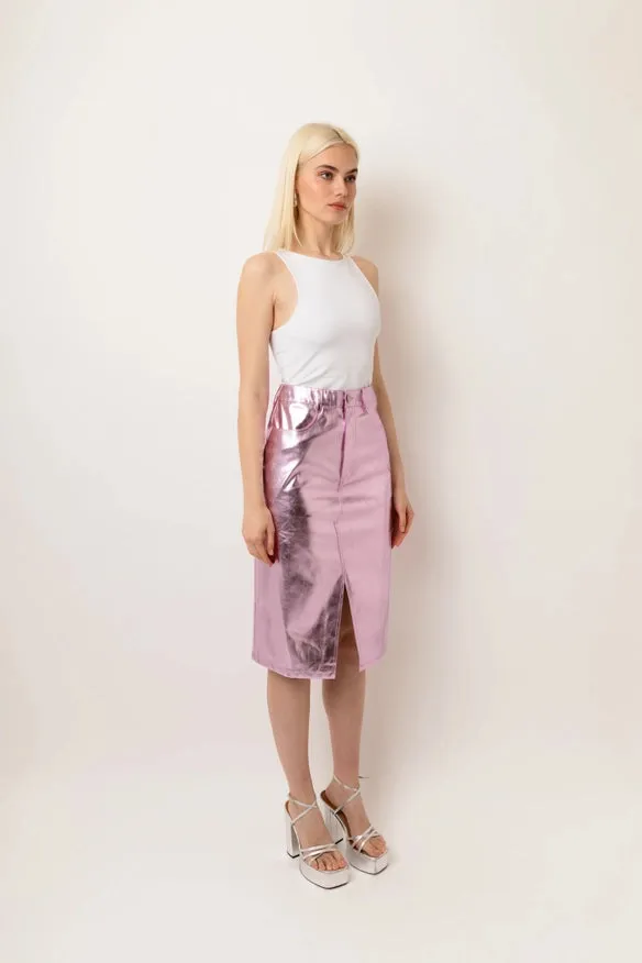 Lupe High Waist Metallic Knee Length Skirt  Pink