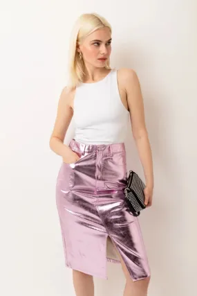 Lupe High Waist Metallic Knee Length Skirt  Pink