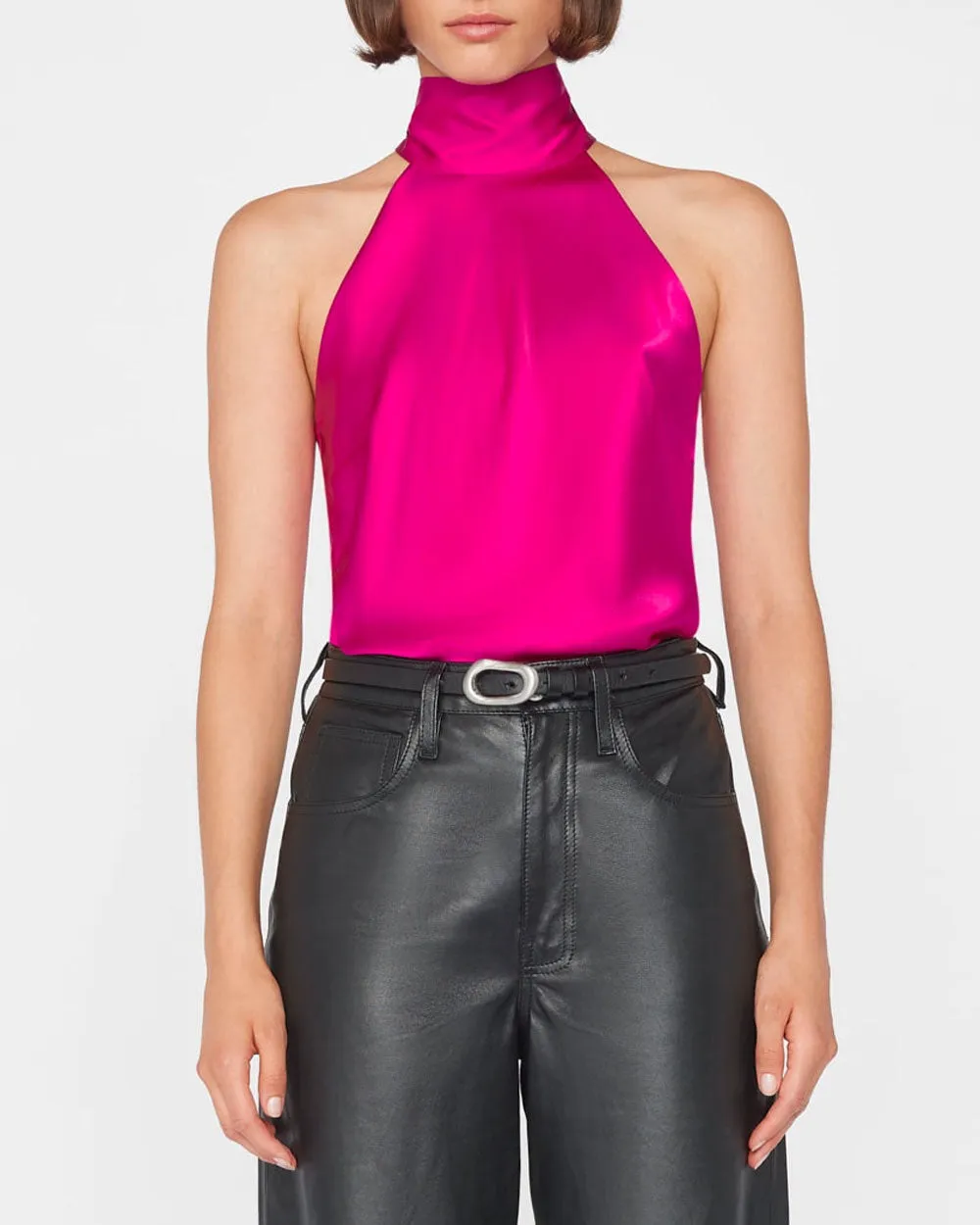 Magenta Draped Neck Tie Halter Top