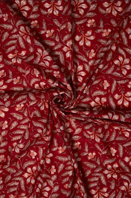 Maroon Pure Cotton Bagru Hand Block Printed Fabric