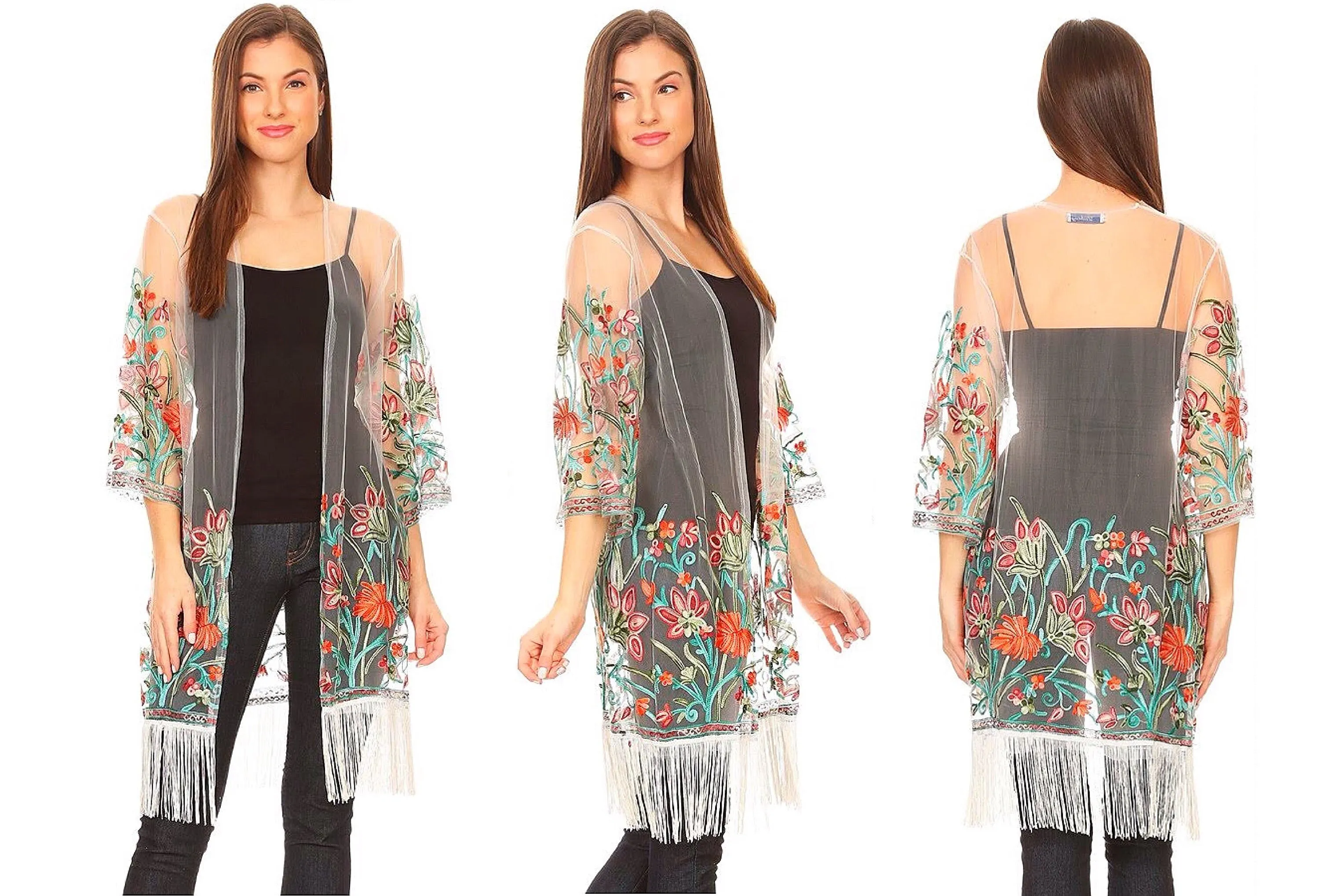 Mesh Embroidered Floral Lace Kimono Cardigan