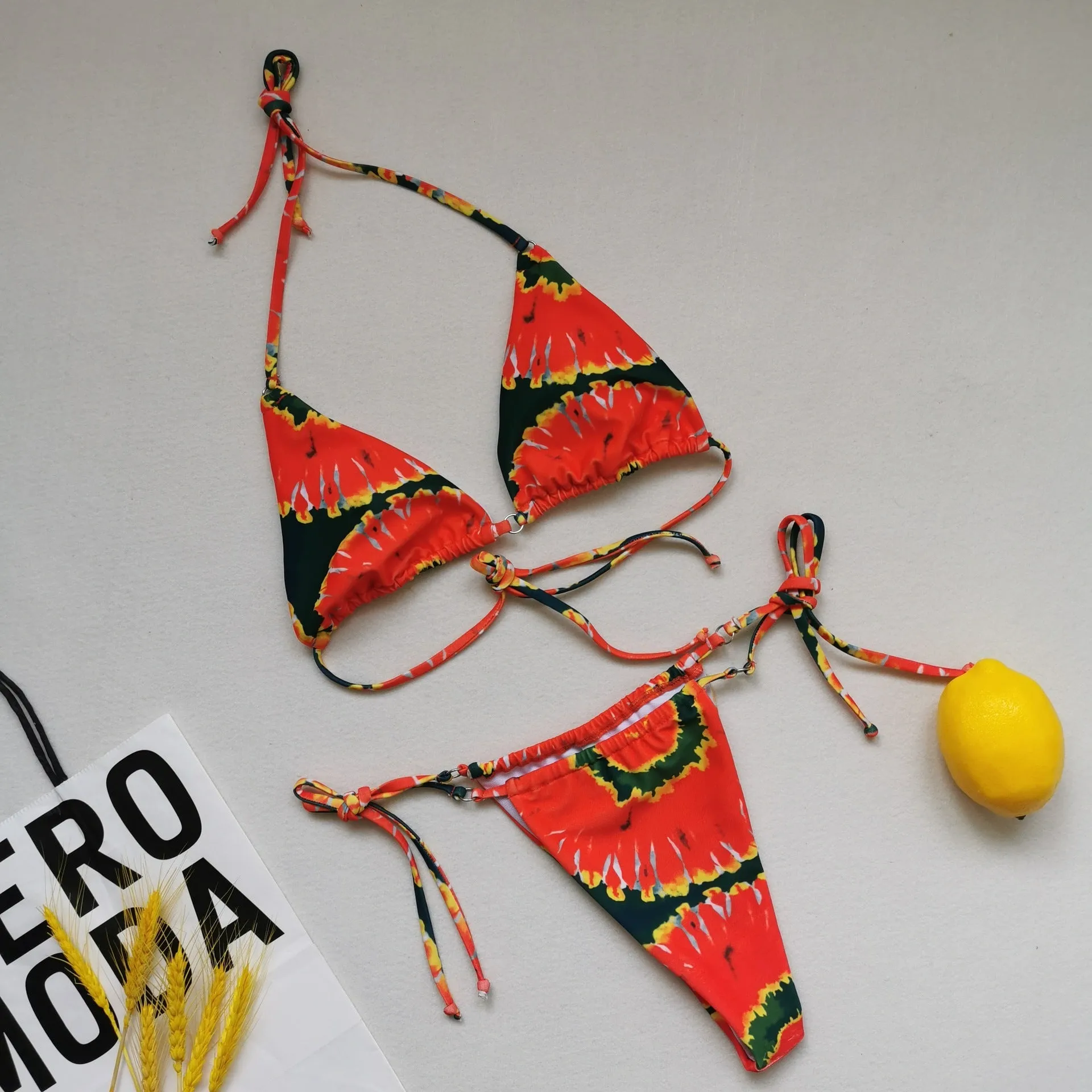 Multicolor Bikini Sexy Split Swimsuit Halter Tie