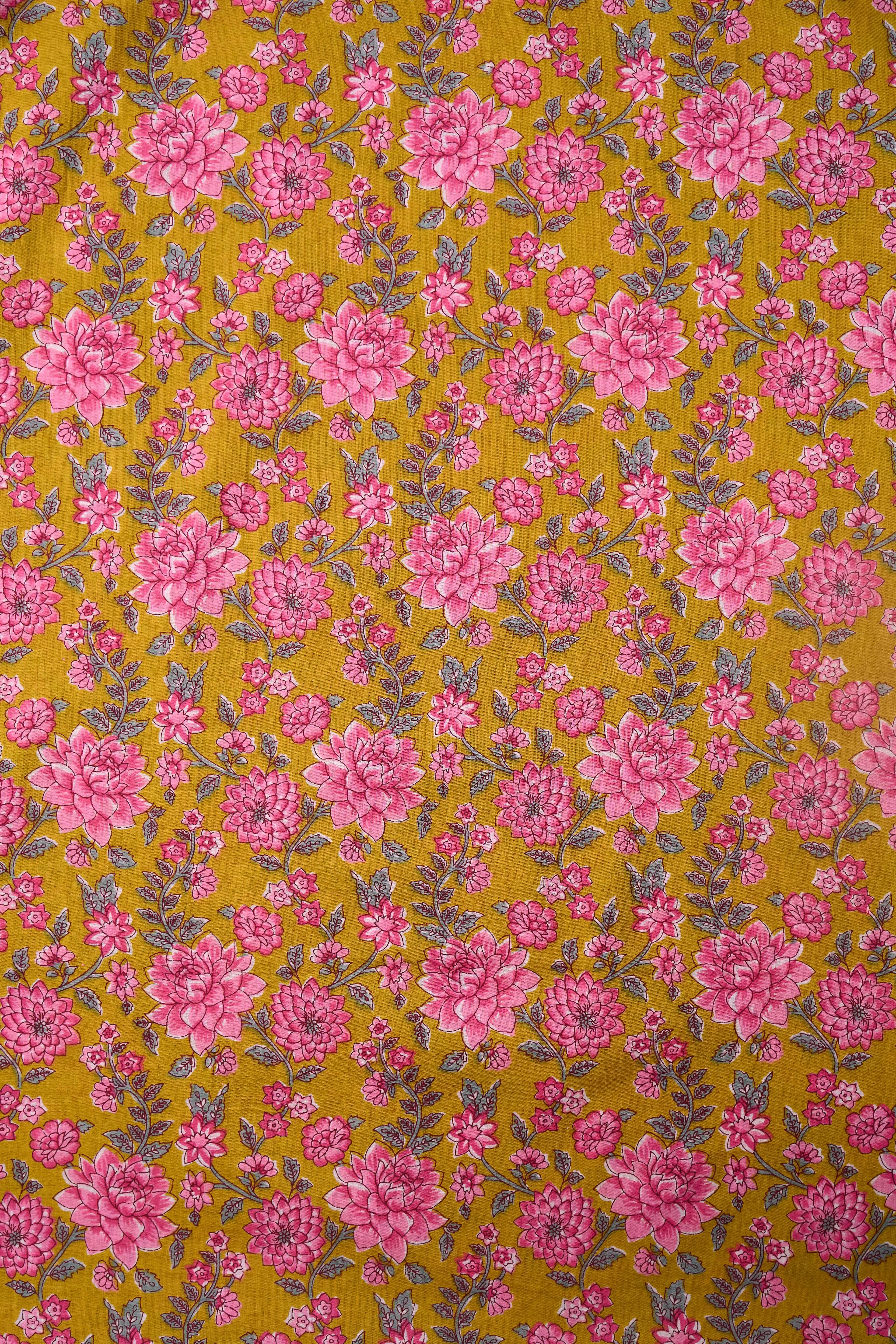 Mustard Pink Floral Pattern Printed Summer Pure Cotton Fabric