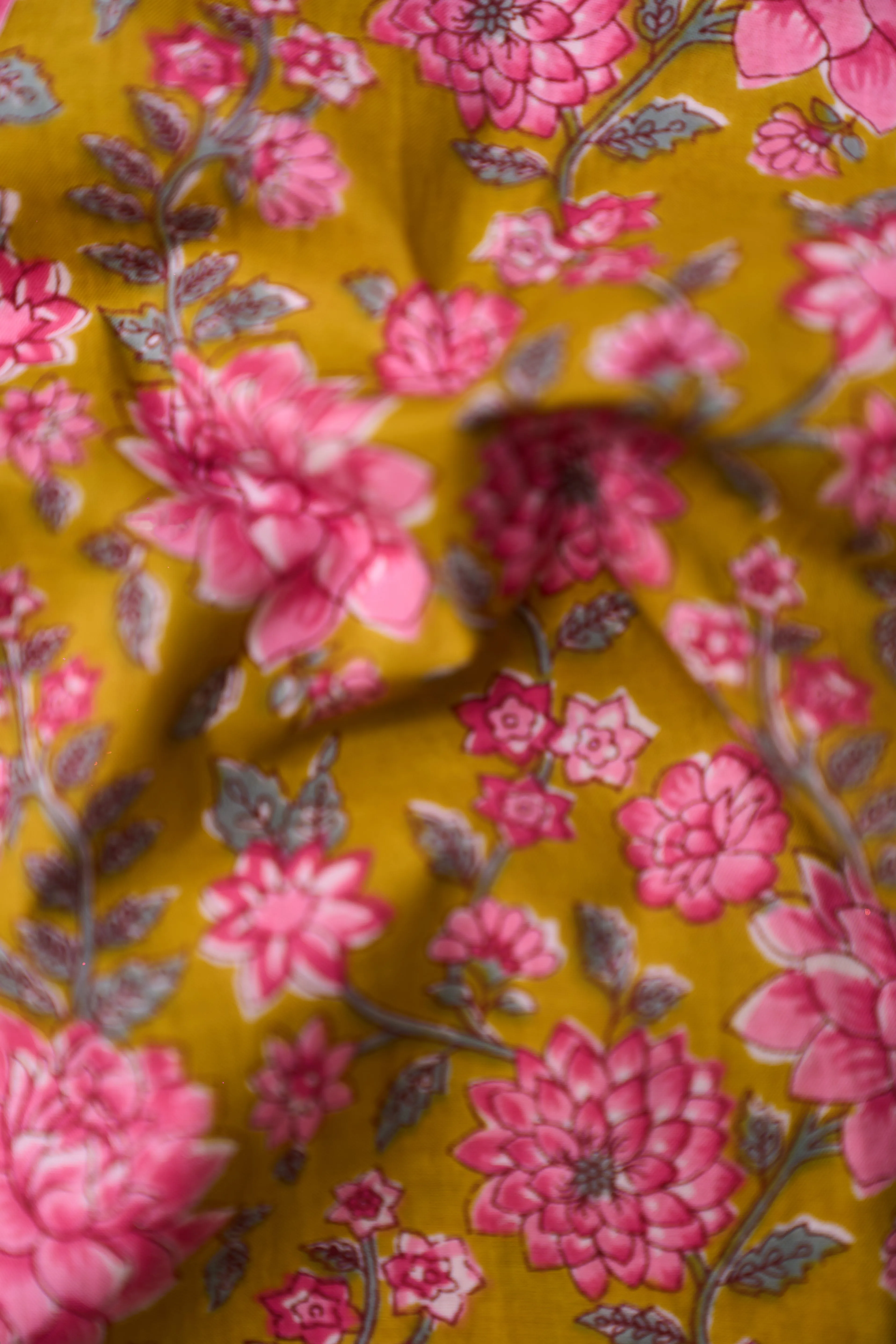 Mustard Pink Floral Pattern Printed Summer Pure Cotton Fabric