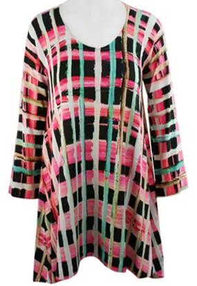 Nally & Millie - Plaid Fusion, V-Neck Asymmetric Hi-Low Hem, Long Sleeve Tunic