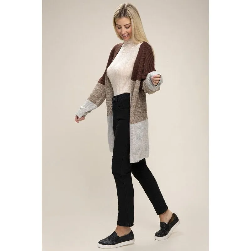 NUVI APPAREL Color Block Open Front  Cardigan