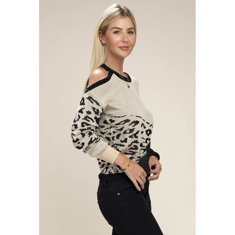 NUVI APPAREL Leopard Print Color Block Sweater