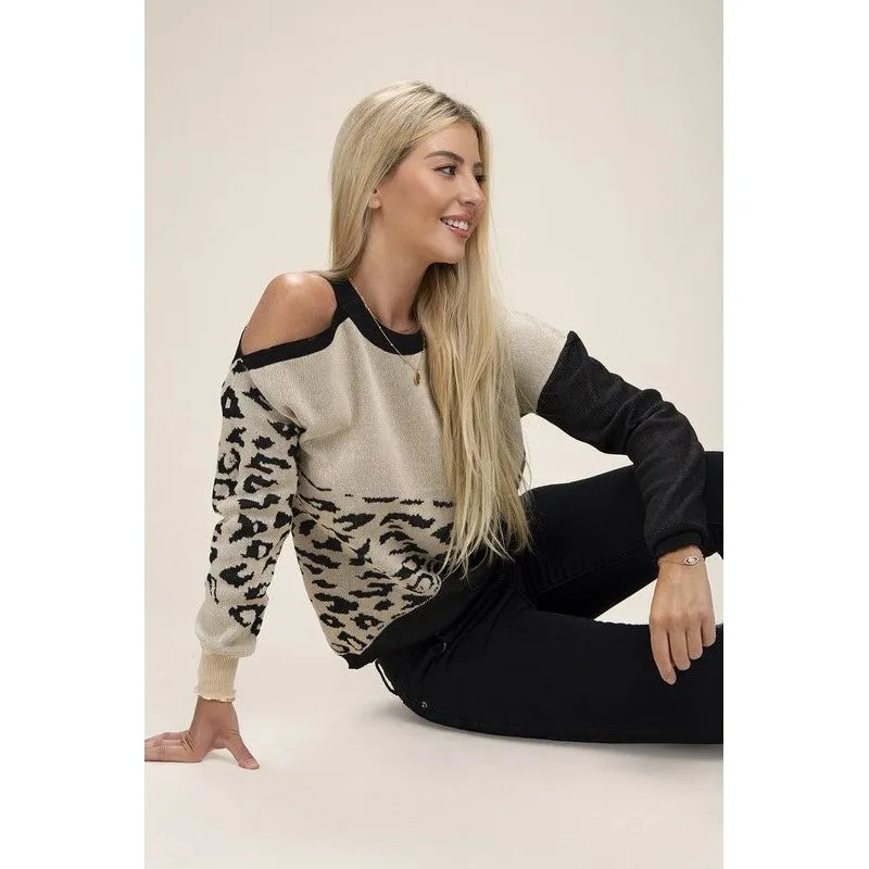 NUVI APPAREL Leopard Print Color Block Sweater