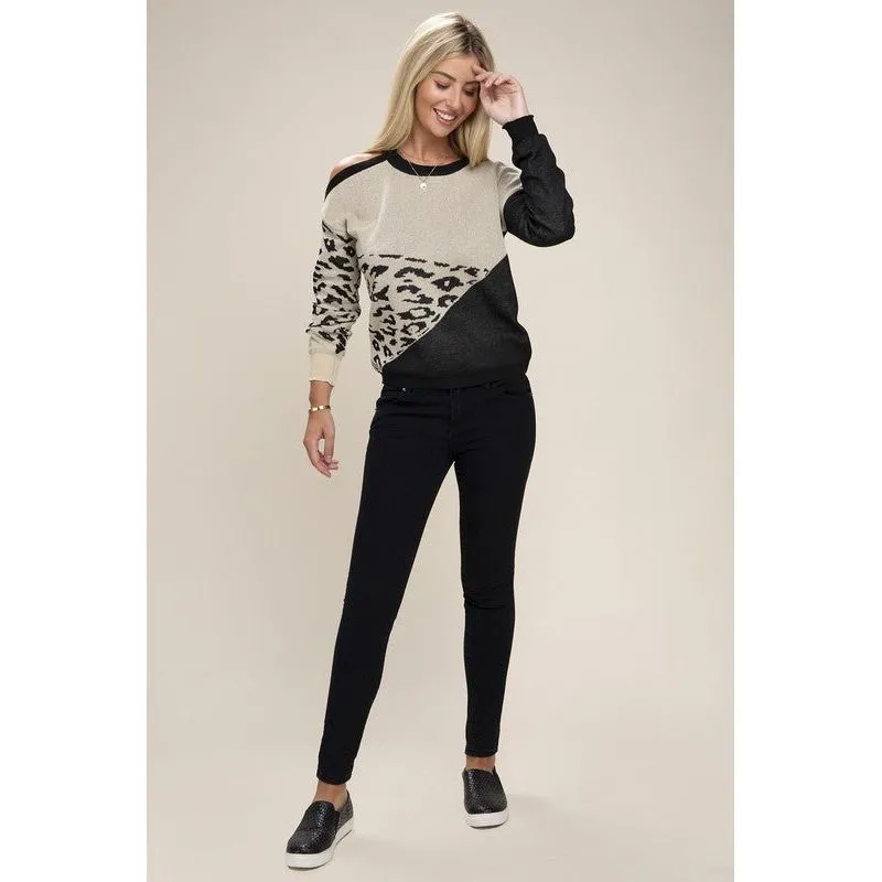 NUVI APPAREL Leopard Print Color Block Sweater