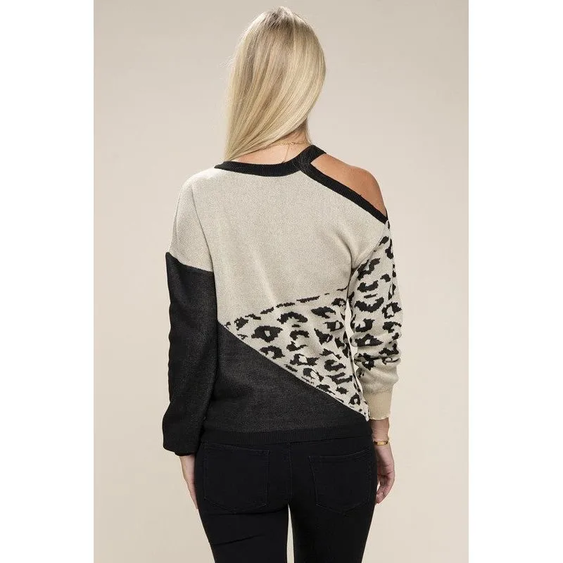 NUVI APPAREL Leopard Print Color Block Sweater