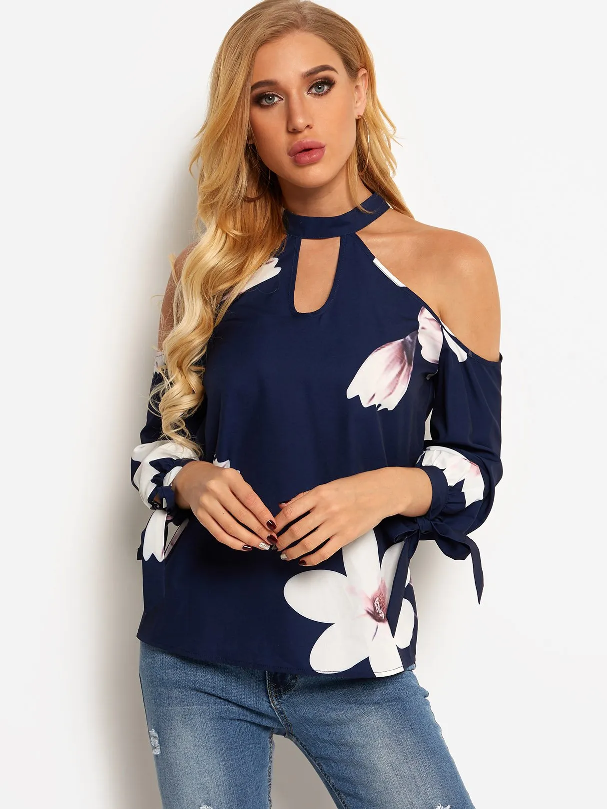 OEM ODM Halter Cold Shoulder Floral Print Hollow Self-Tie Long Sleeve Navy Blouses