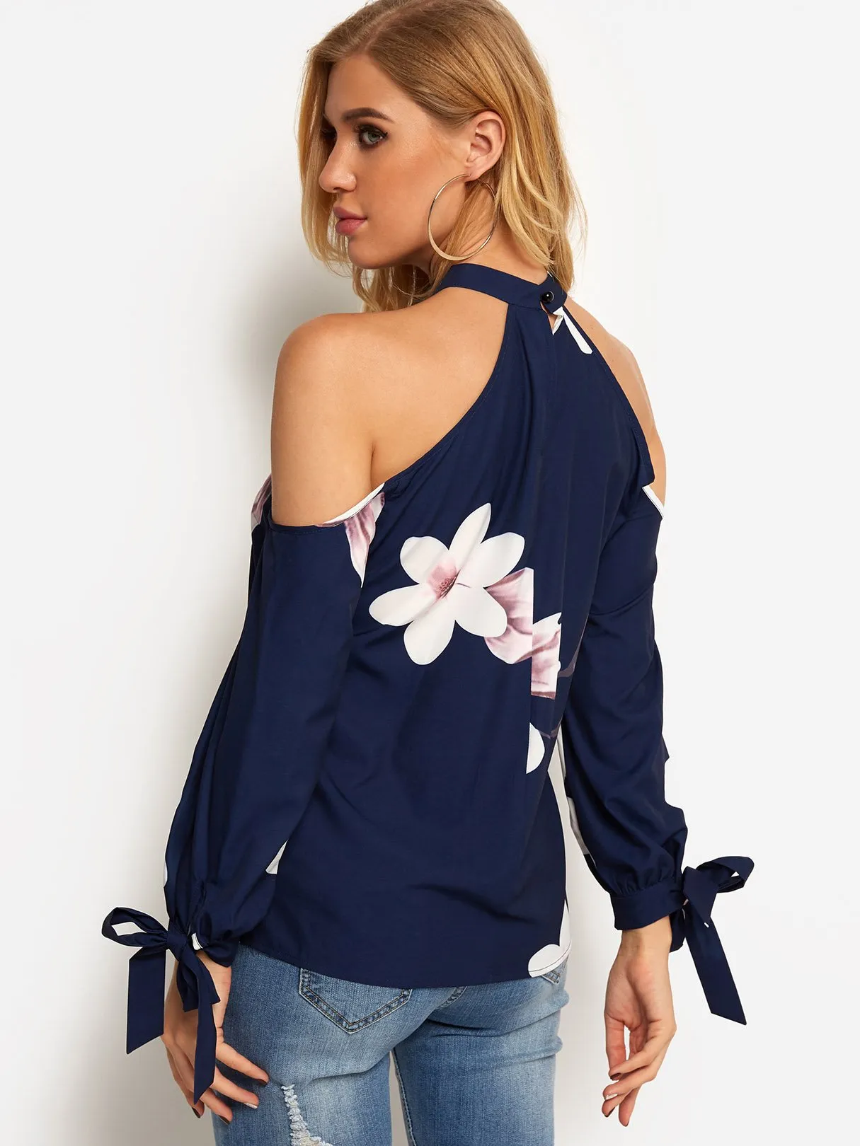 OEM ODM Halter Cold Shoulder Floral Print Hollow Self-Tie Long Sleeve Navy Blouses