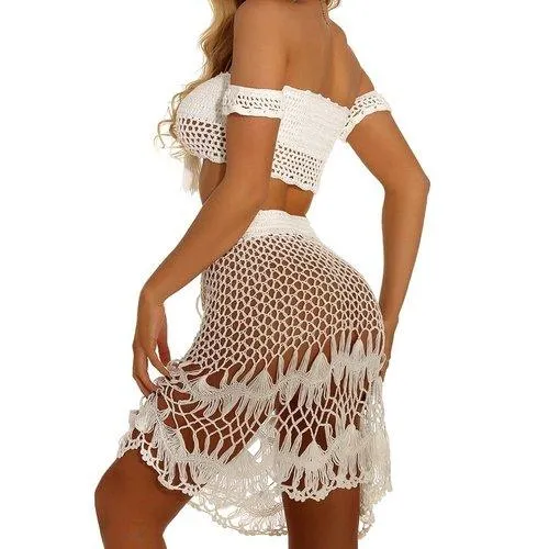 Off Shoulder Knitted Crochet Boho Lace Cover Up