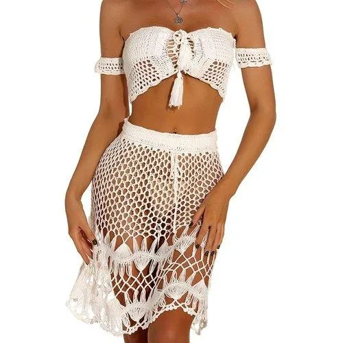 Off Shoulder Knitted Crochet Boho Lace Cover Up