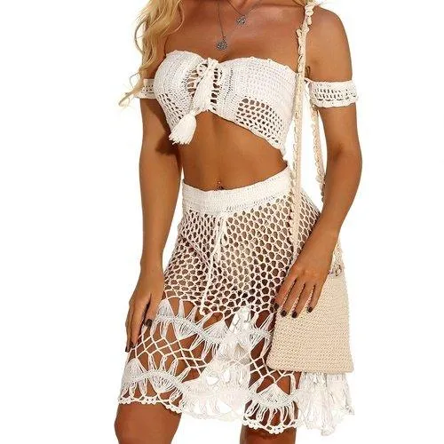 Off Shoulder Knitted Crochet Boho Lace Cover Up