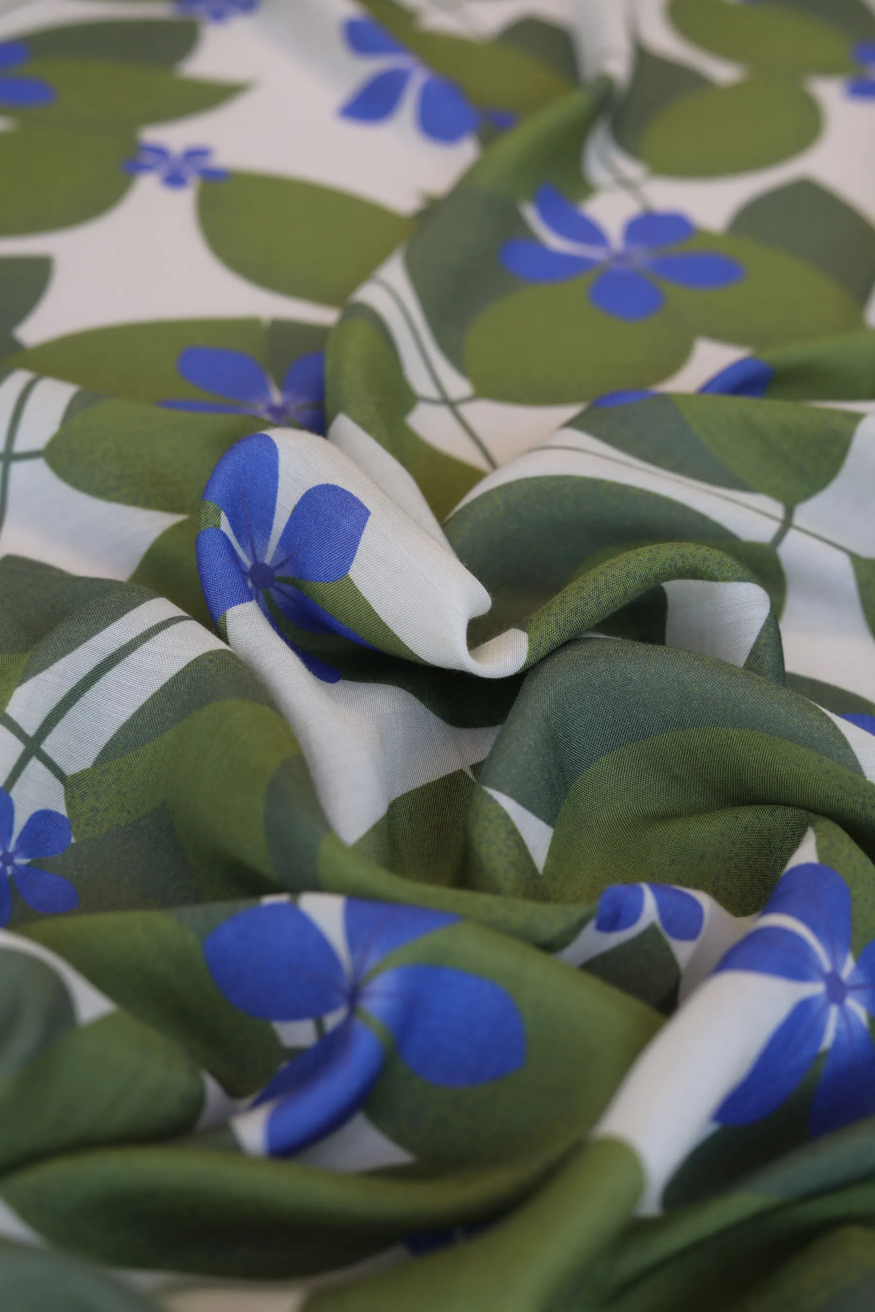 Off-white and Olive Periwinkle Pattern Printed Natural Muslin Silk Fabric