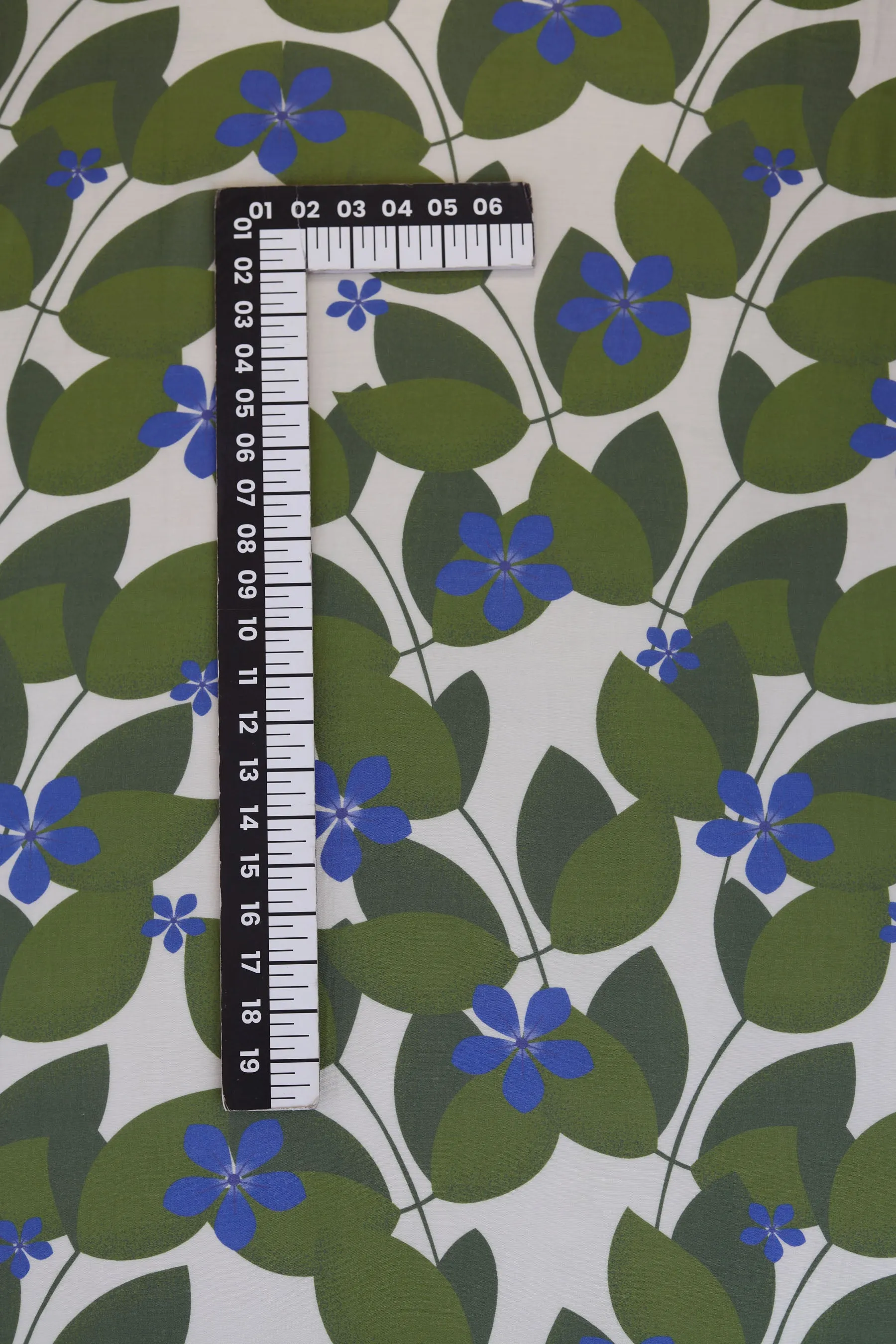 Off-white and Olive Periwinkle Pattern Printed Natural Muslin Silk Fabric