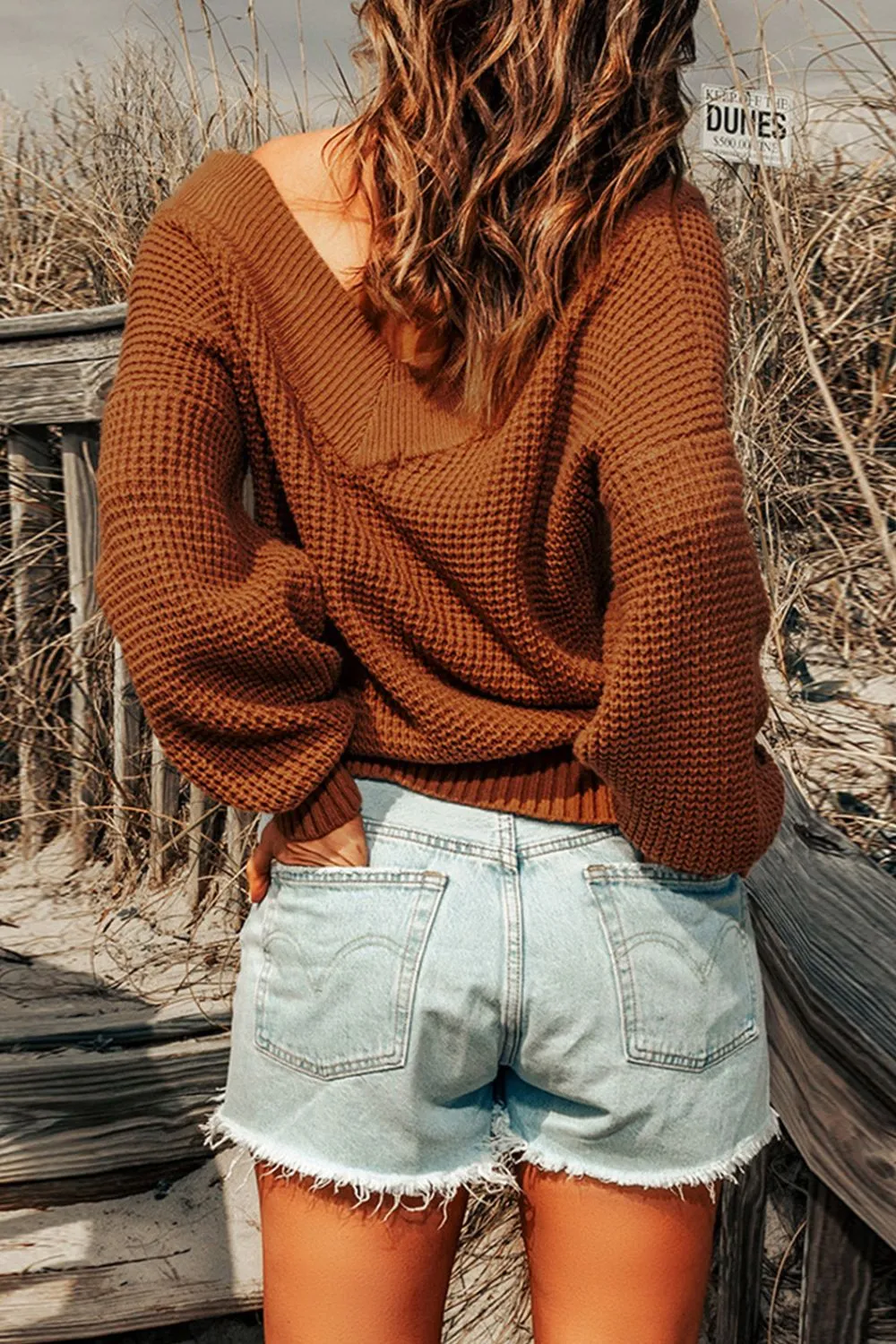 'Olivia'Rib-Knit Drop Shoulder V-Neck Sweater