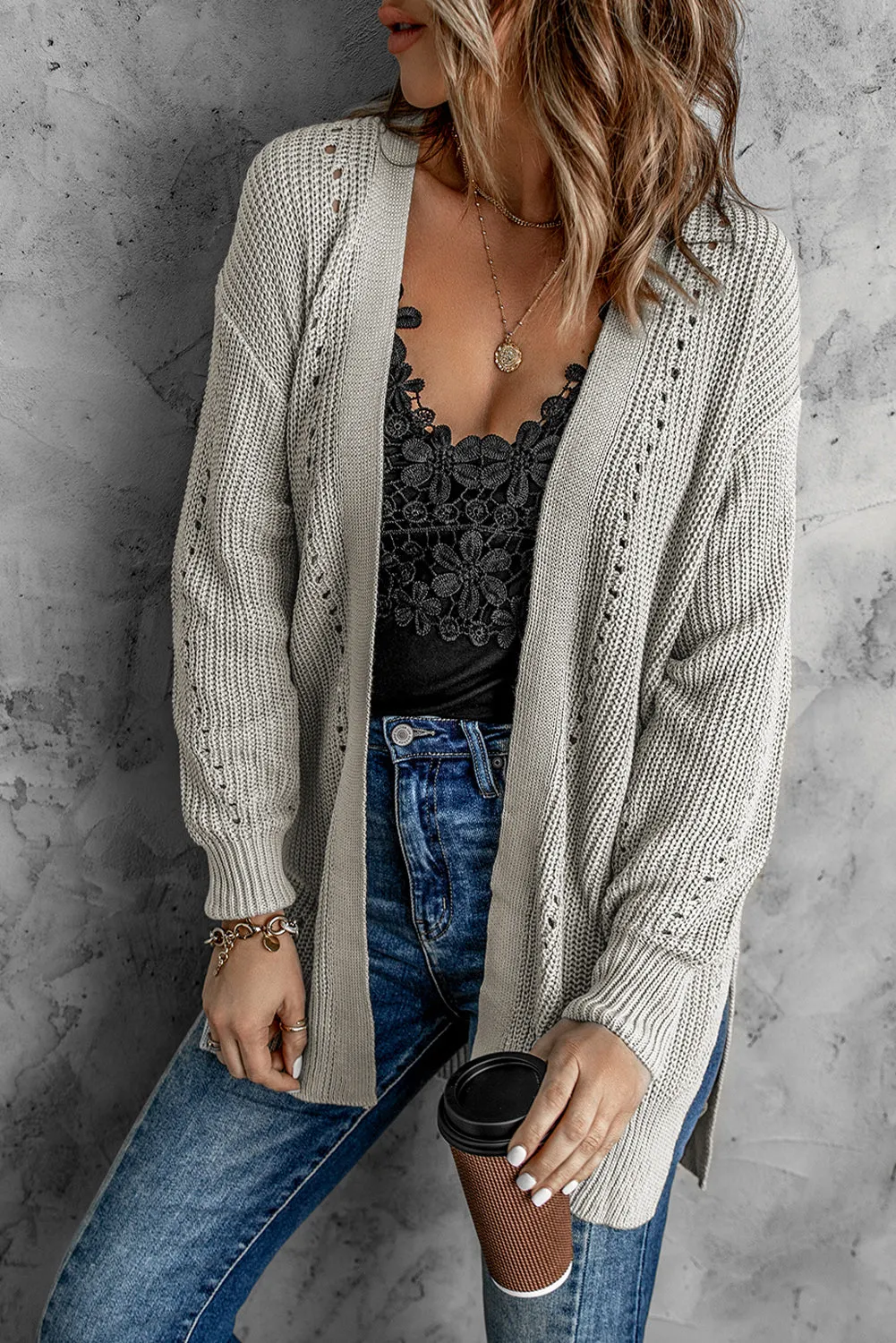 Openwork Rib-Knit Slit Cardigan with Pockets