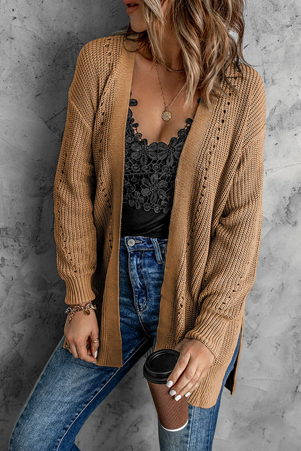 Openwork Rib-Knit Slit Cardigan with Pockets