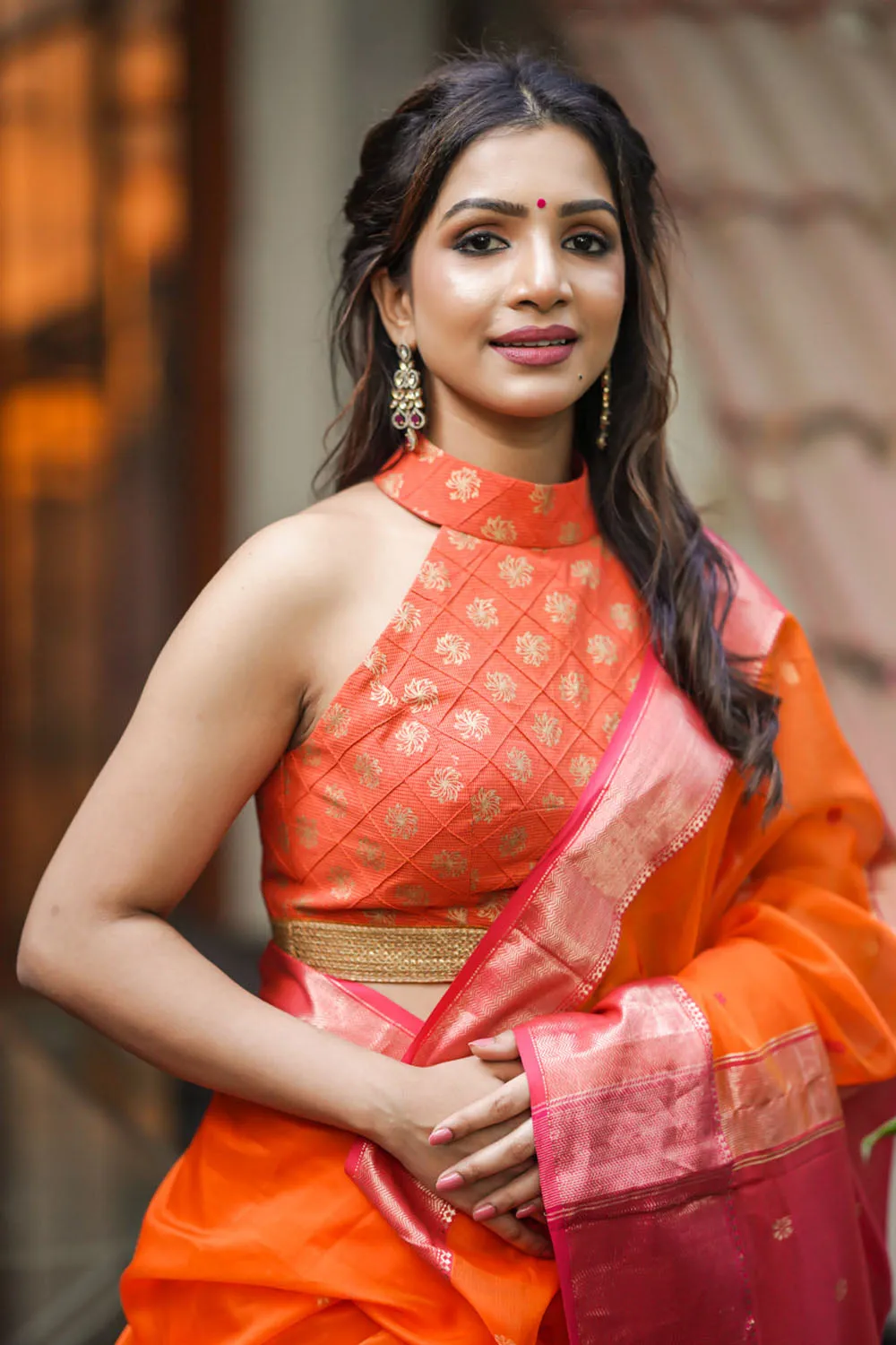 Orange handloom cotton gold block printed pintuck halter neck blouse