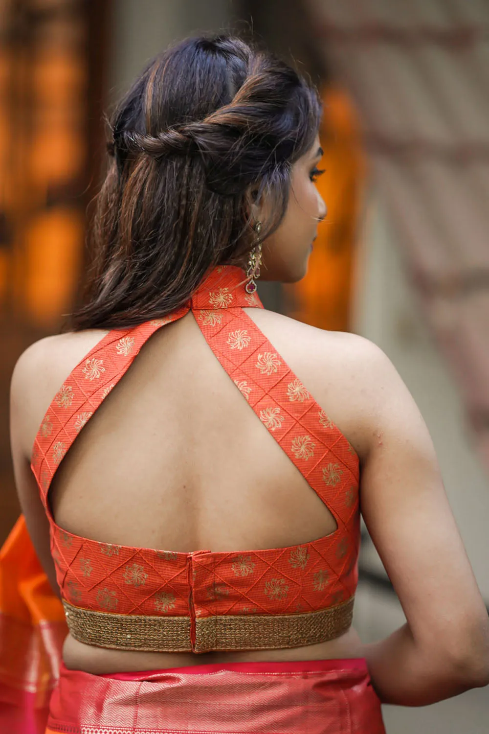 Orange handloom cotton gold block printed pintuck halter neck blouse