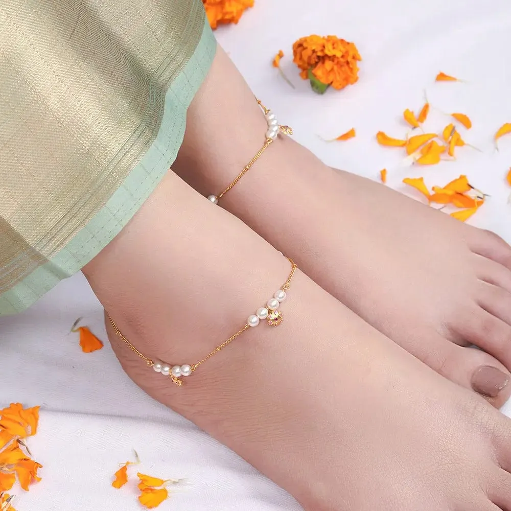 Pearl and Flower Motif 92.5 Sterling Silver Anklet