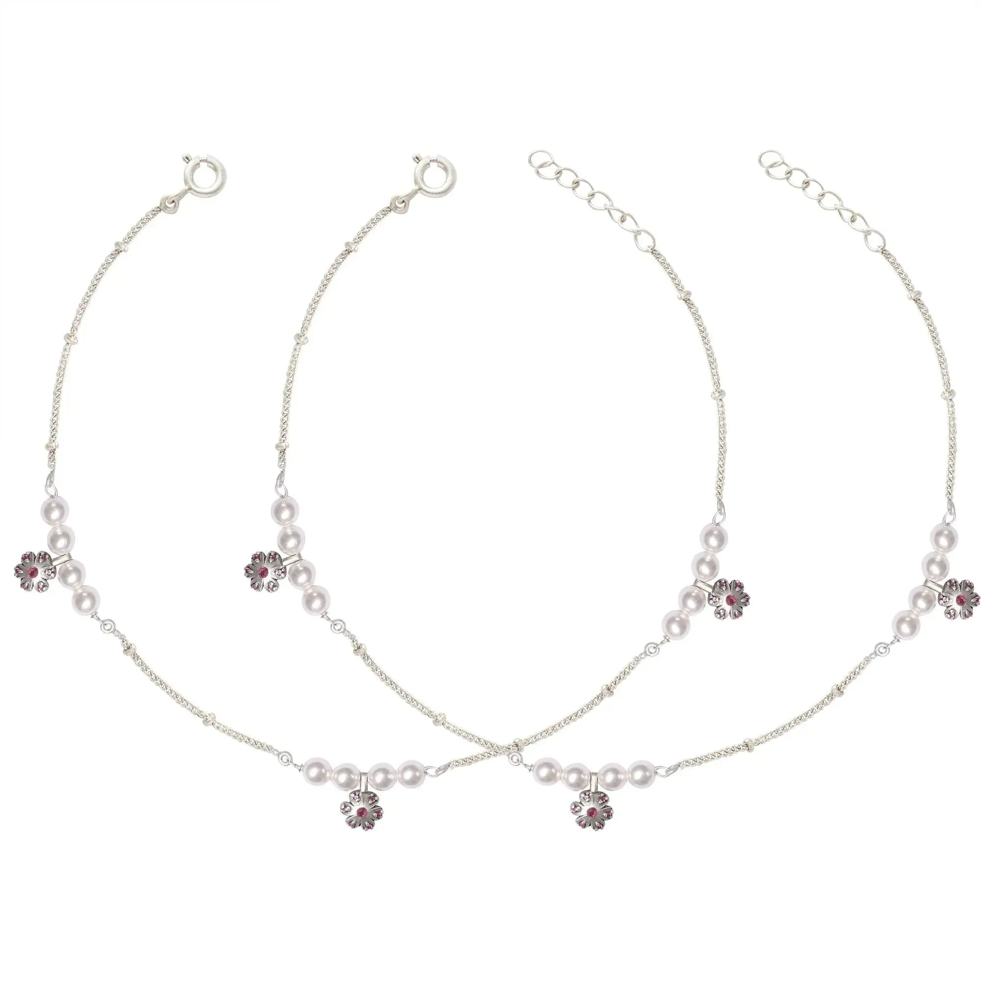 Pearl and Flower Motif 92.5 Sterling Silver Anklet