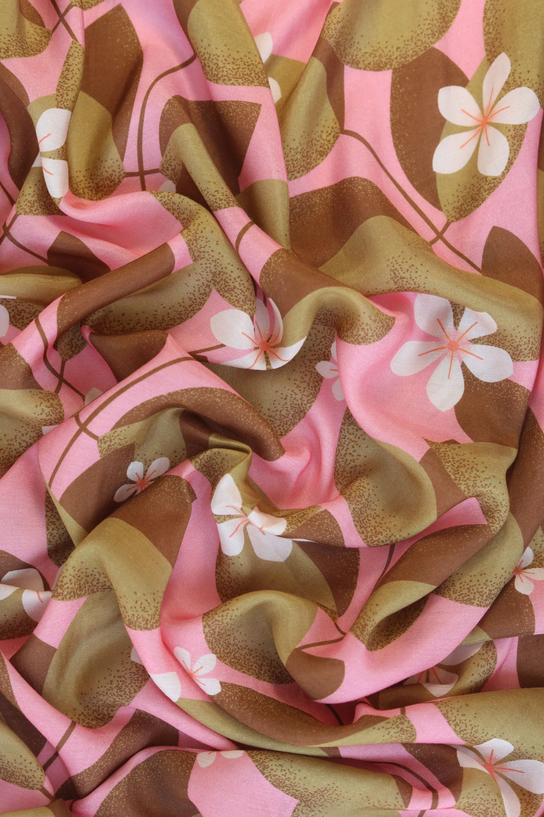 Pink and White Periwinkle Pattern Printed Natural Muslin Silk Fabric