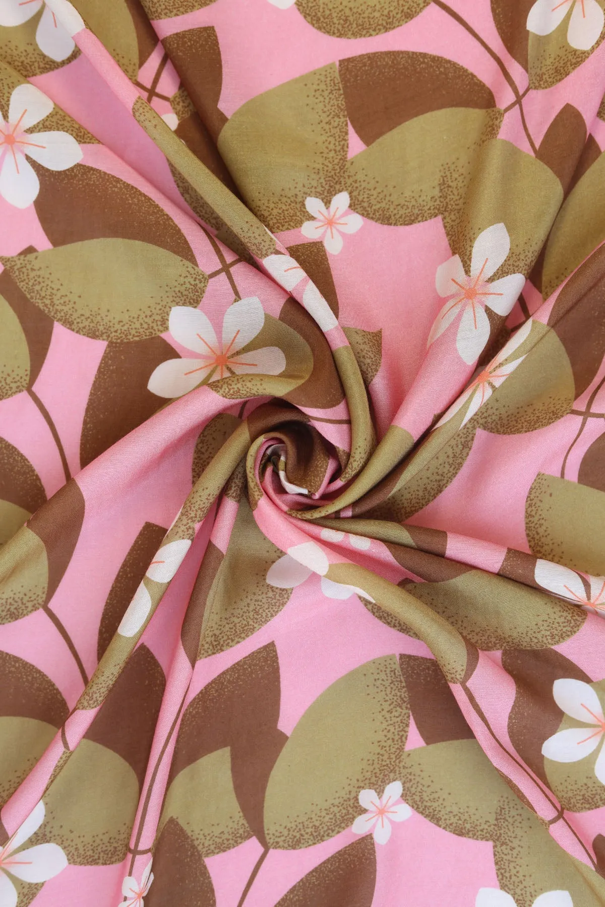 Pink and White Periwinkle Pattern Printed Natural Muslin Silk Fabric