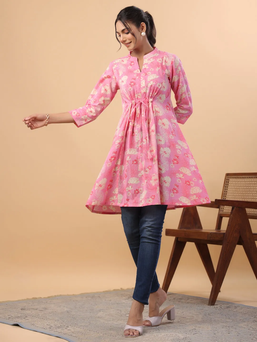 Pink Cotton Floral Printed Tunic