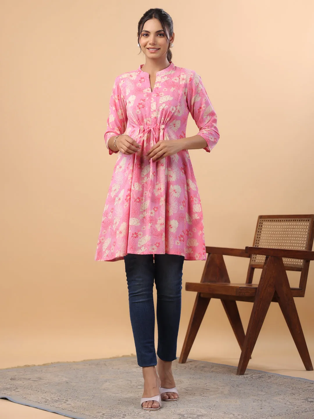 Pink Cotton Floral Printed Tunic