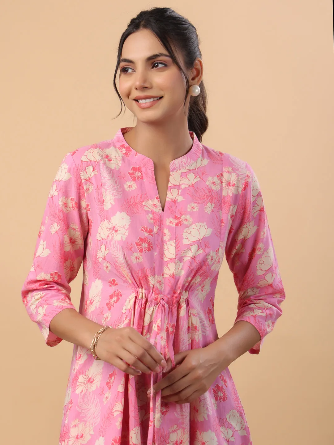 Pink Cotton Floral Printed Tunic