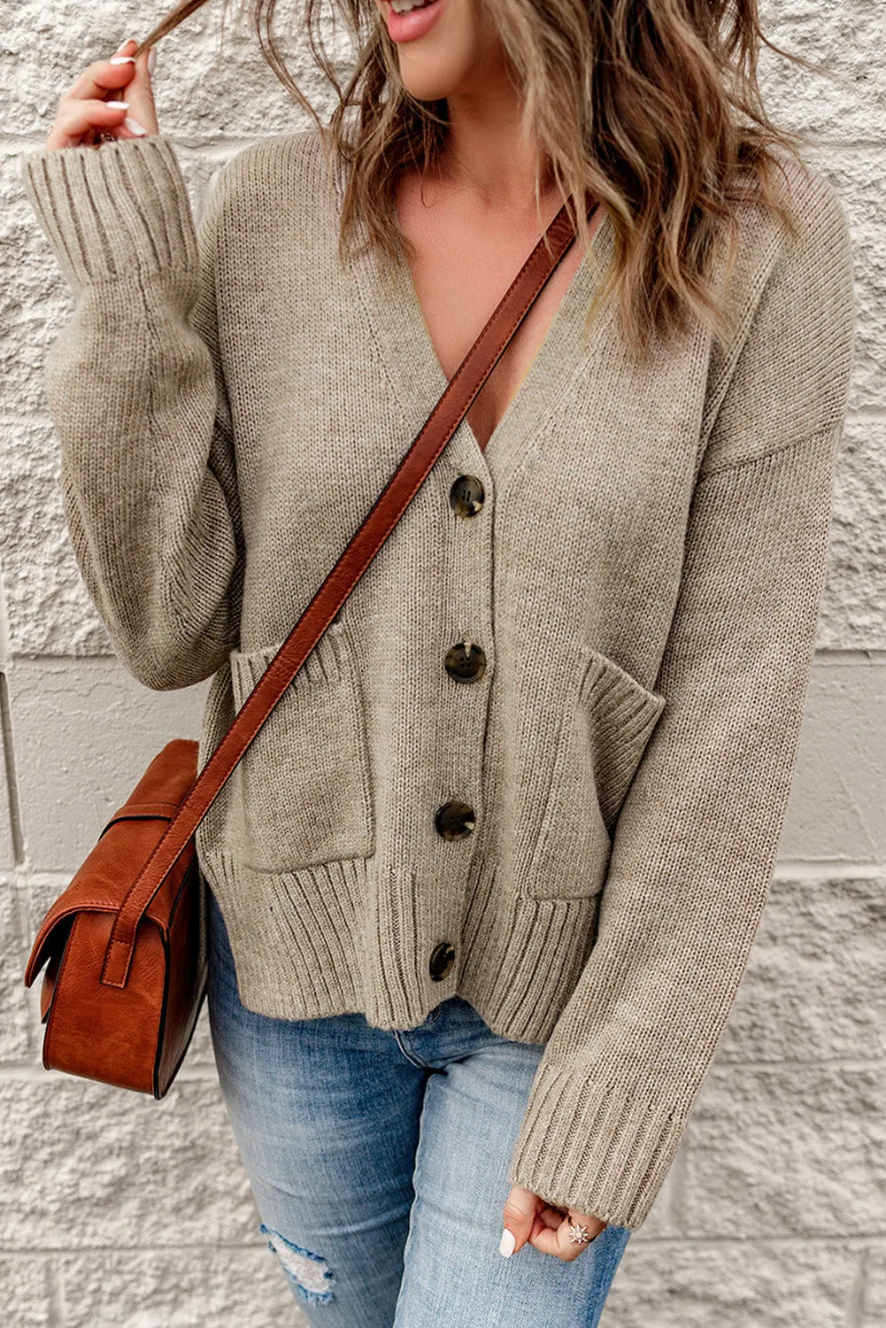 Ribbed Trim Button Down Cardigan with Pockets