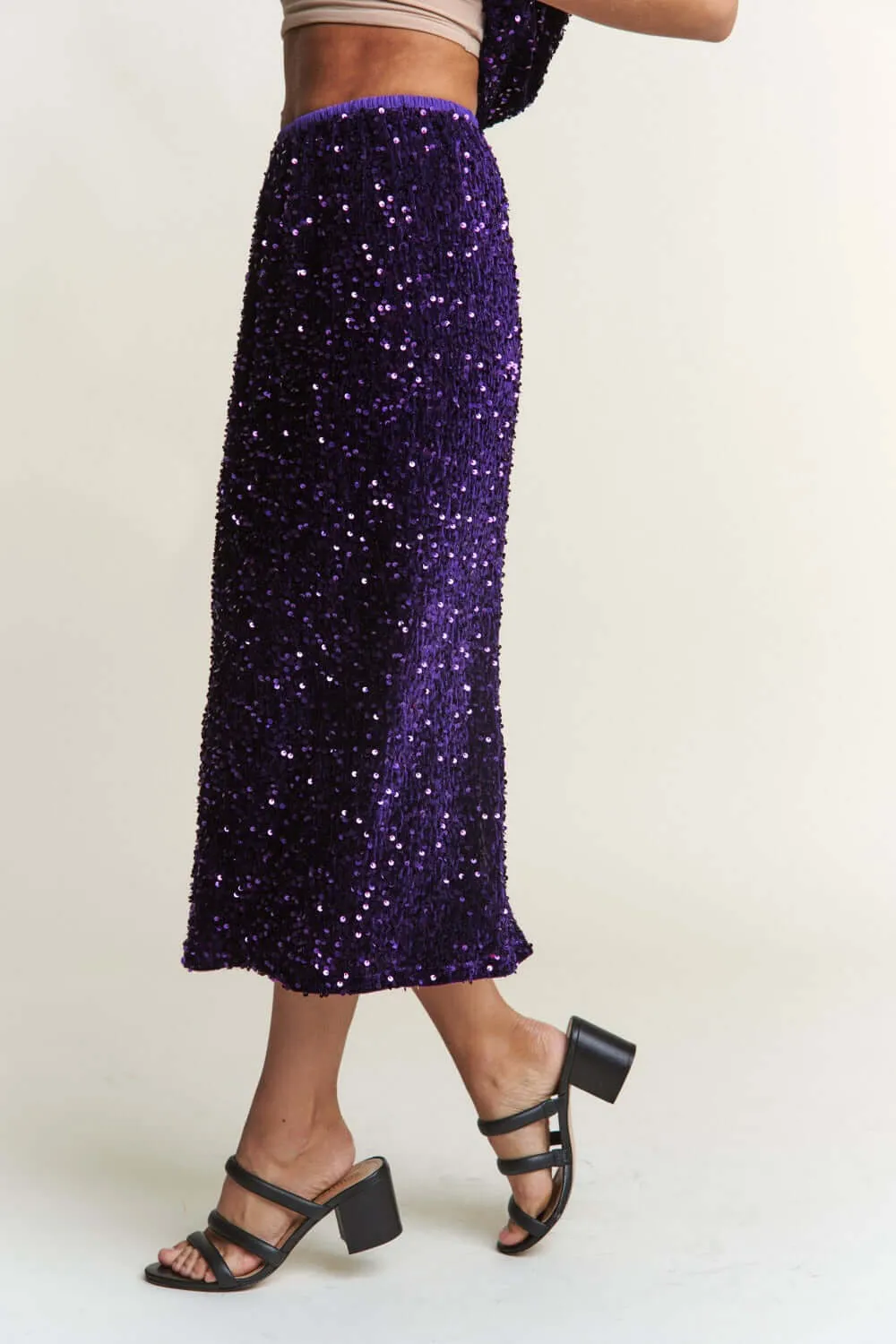 Royal Purple Sequin Back Slit Midi Skirt